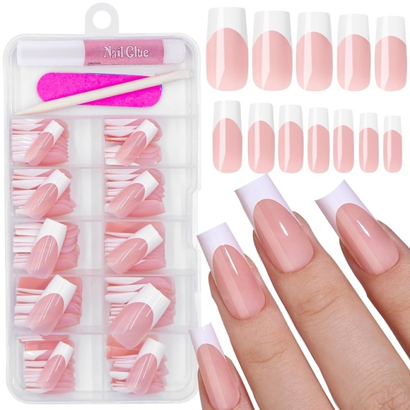 120 Peach and White French Tip Press on Nails Medium Square - Picture 1 of 6